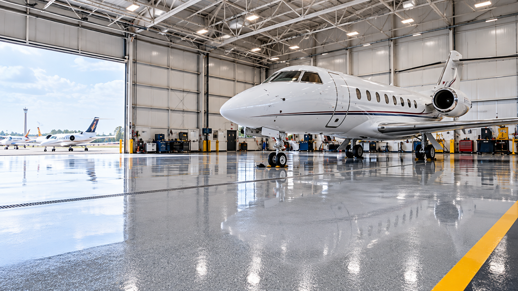 Illustration of a business jet inside an aircraft maintenance hangar with resinous flooring
