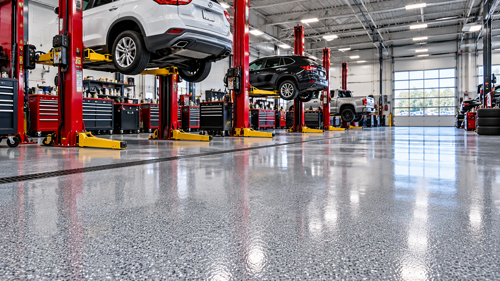 Illustration of an automotive repair shop with gray decorative epoxy flooring and vehicle lifts