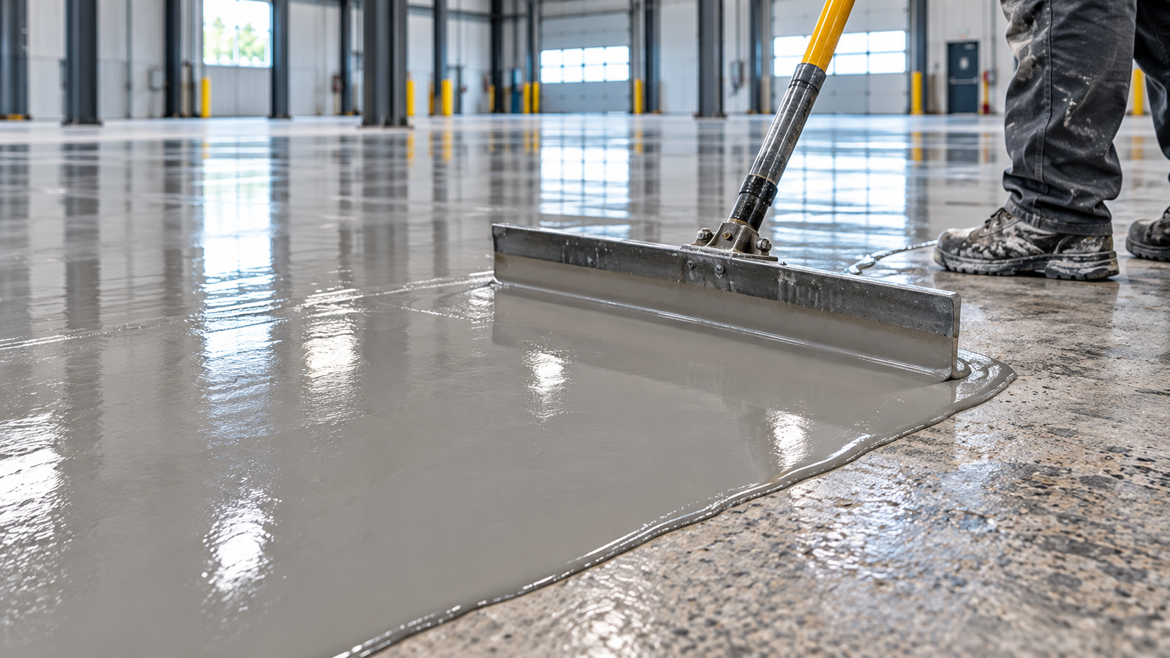 Concrete floor leveling compound being applied in a commercial industrial facility