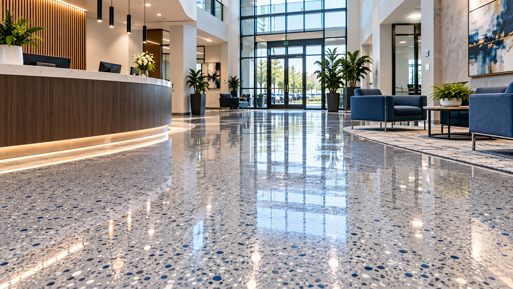 Illustration of decorative quartz epoxy flooring in a commercial lobby