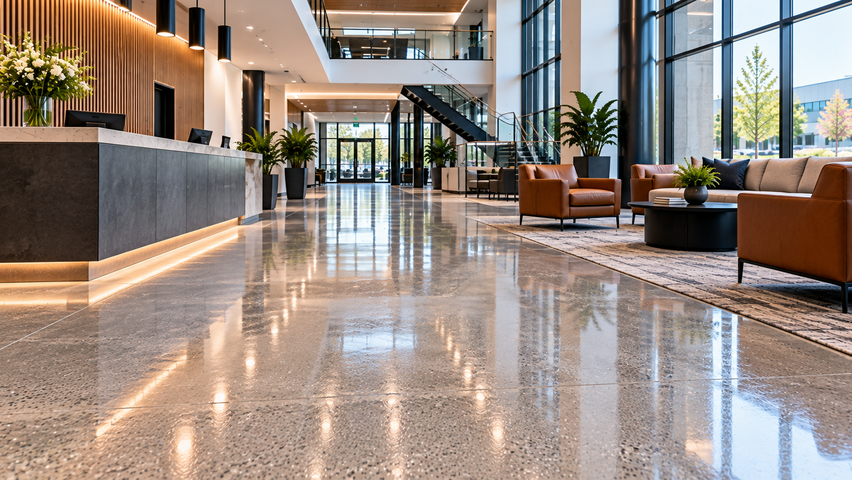 Illustration of polished concrete flooring in a public-facing commercial lobby