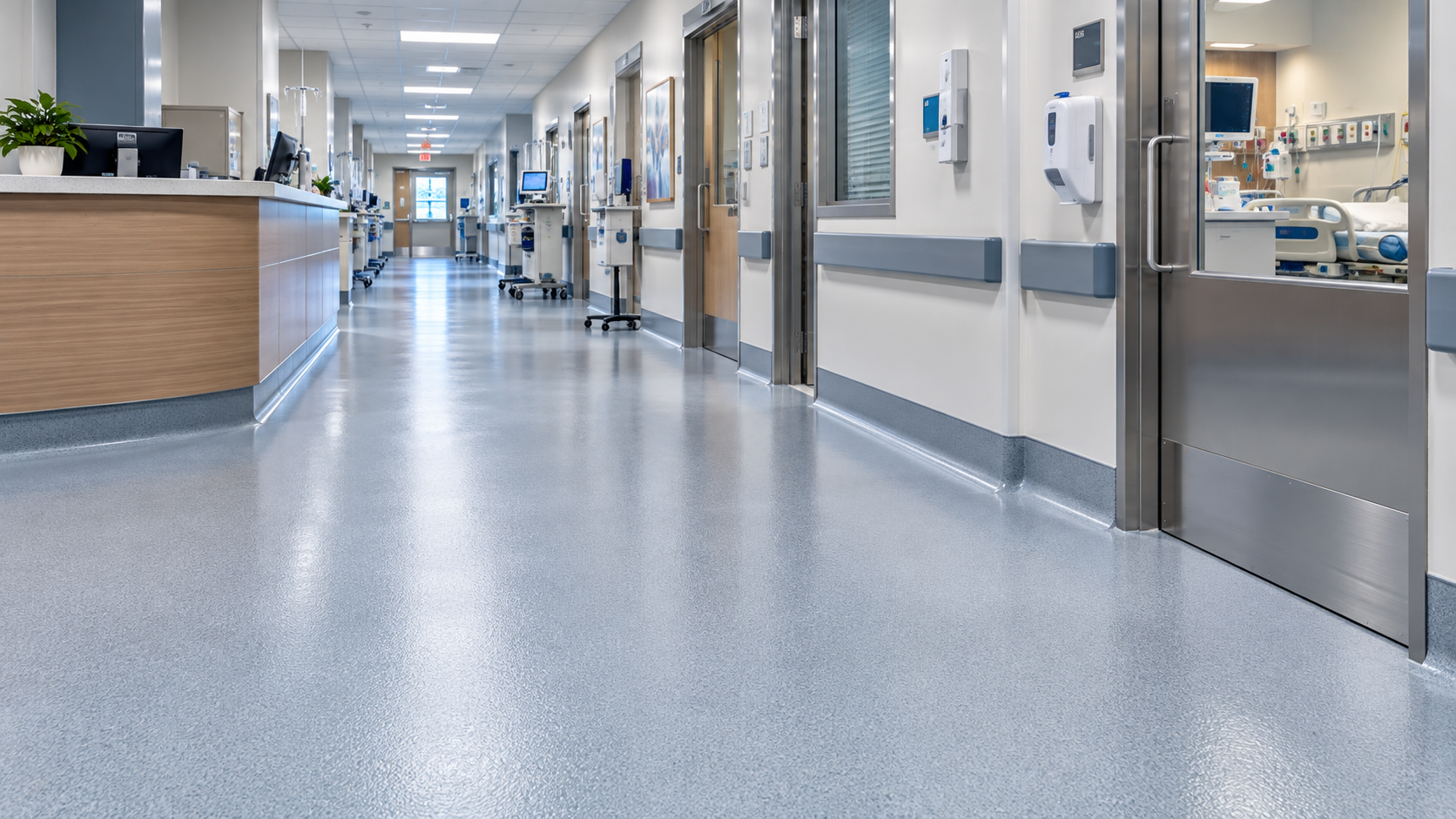 Illustration of seamless resinous flooring in a hospital corridor