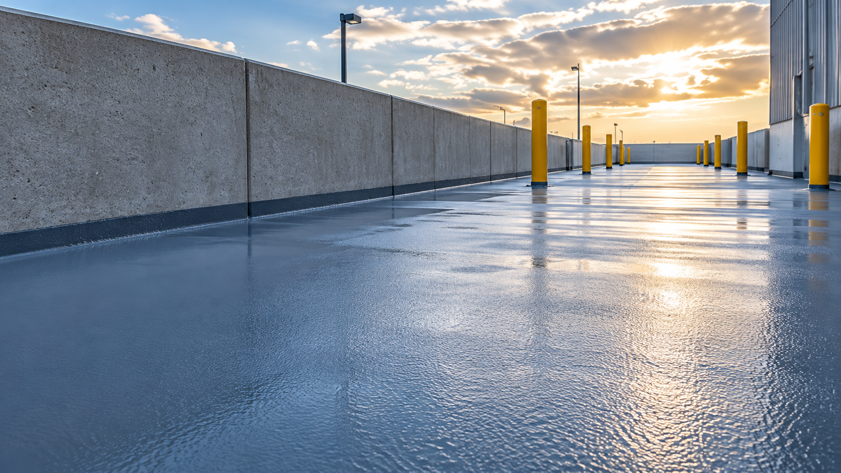 Commercial deck with protective specialty waterproofing coating